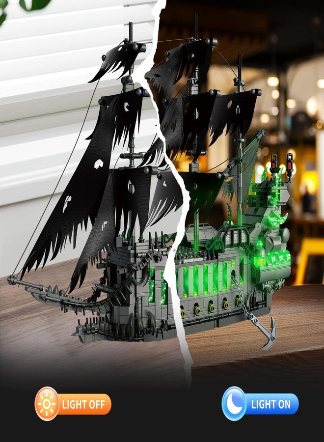 WINGIFT مجموعة بناء سفينة القراصنة WINGIFT المكونة من 1573 قطعة مع إضاءة LED، لعبة بناء سفينة الأشباح الهولندية الطائرة، نموذج قارب صغير، ديكور منزلي ومكتبي، هدية هالوين وعيد الفصح للبالغين والأولاد والأطفال من سن 14 عامًا فما فوق - Image 4